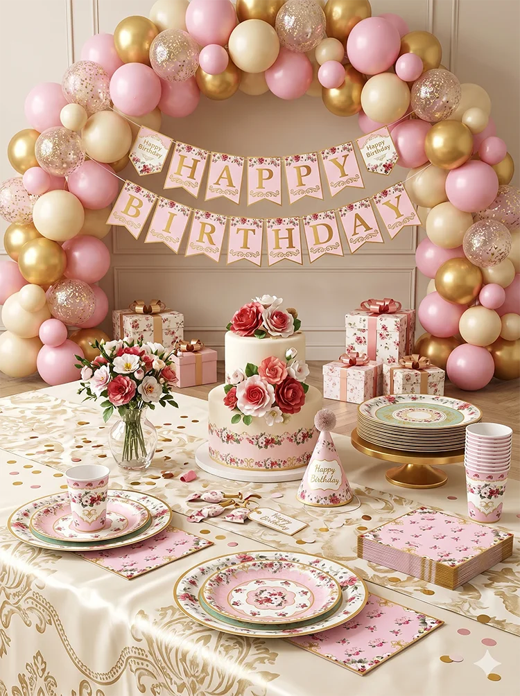 A vintage floral paper party table setting featuring pink and gold plates, cups, and napkins arranged on a table.