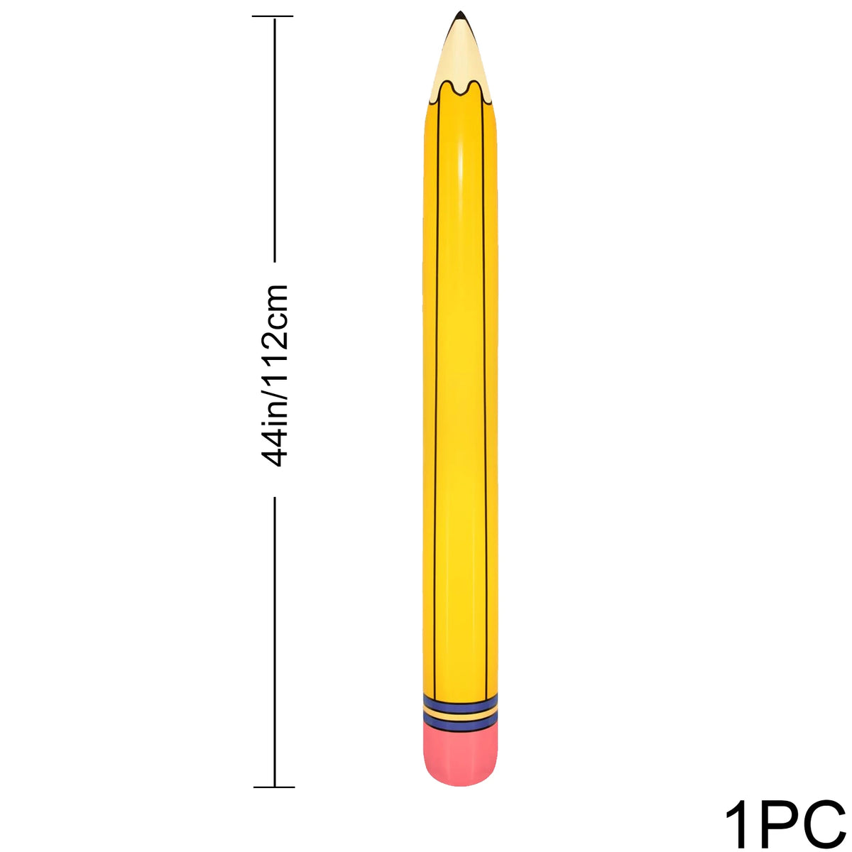 Un globo de lápiz inflable amarillo con base rosa, mostrado verticalmente.