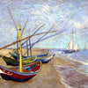 A painting depicting several small boats on the water under a cloudy sky.