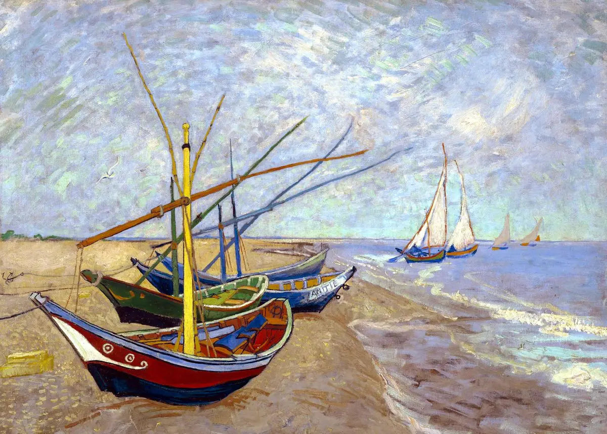 A painting depicting several small boats on the water under a cloudy sky.