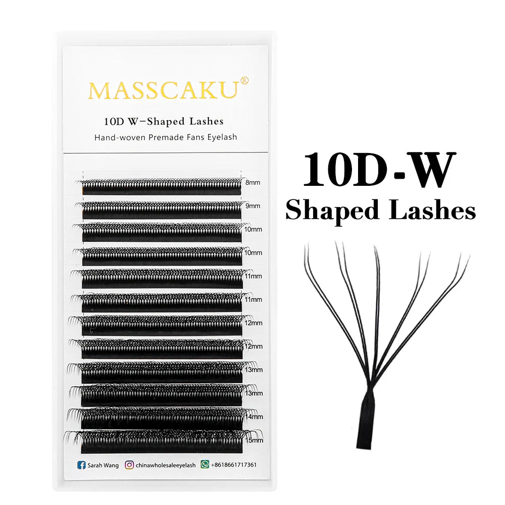 A product image showing various lengths of 10D W-Shaped lashes for eyelash extensions.