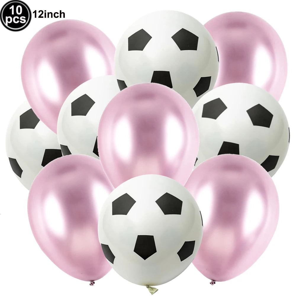 A pack of ten black and white soccer ball shaped latex balloons for party decorations.
