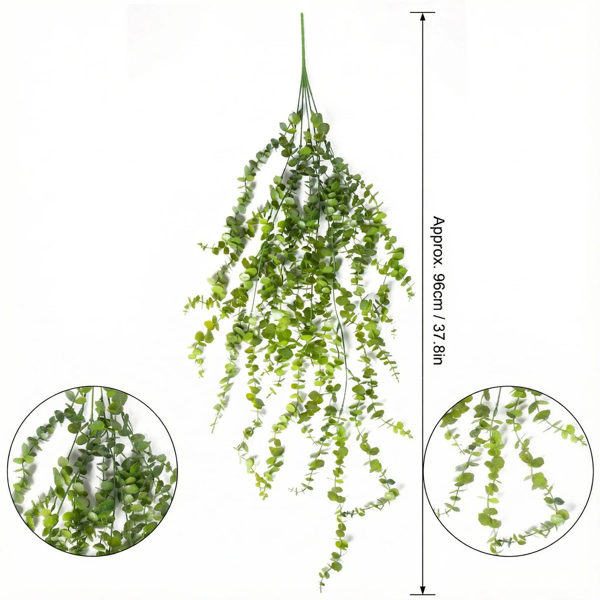 Langes, herabhängendes Kunst-Eukalyptus-Pinienranken-Wanddeko mit kleinen grünen Blättern.