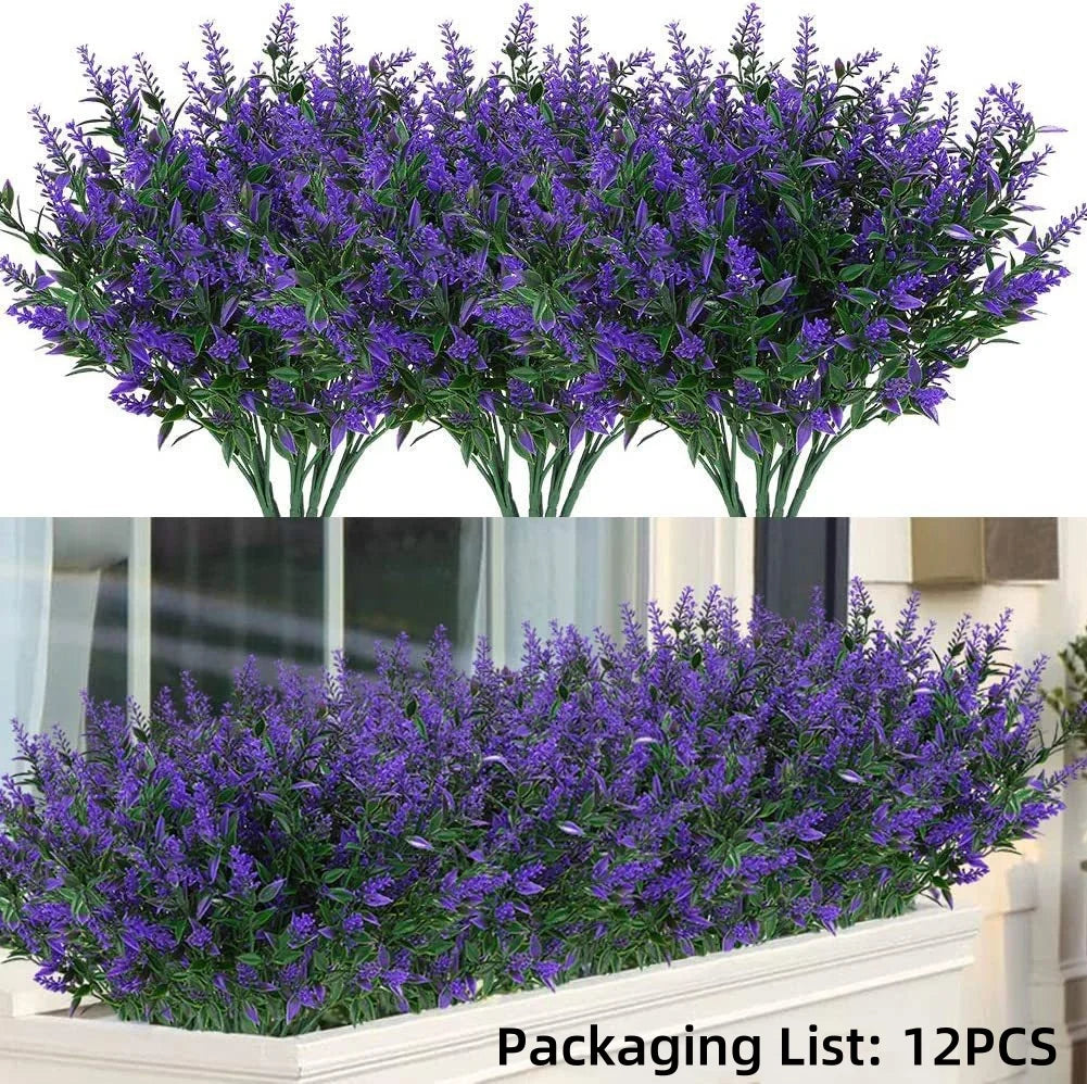 A bundle of artificial purple lavender stems used for outdoor decoration.