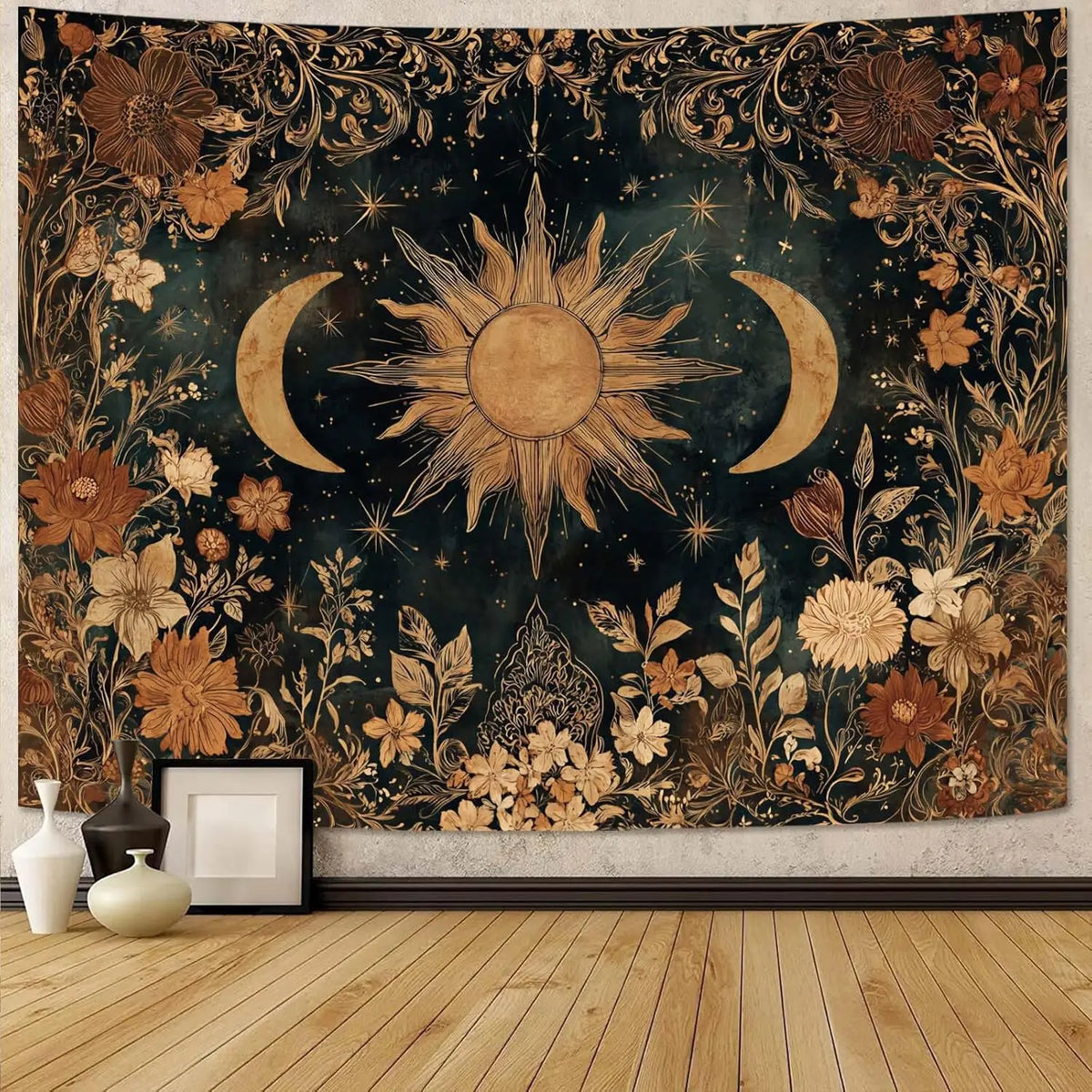 A vintage tapestry featuring a golden sun and crescent moon surrounded by dark floral and botanical elements.