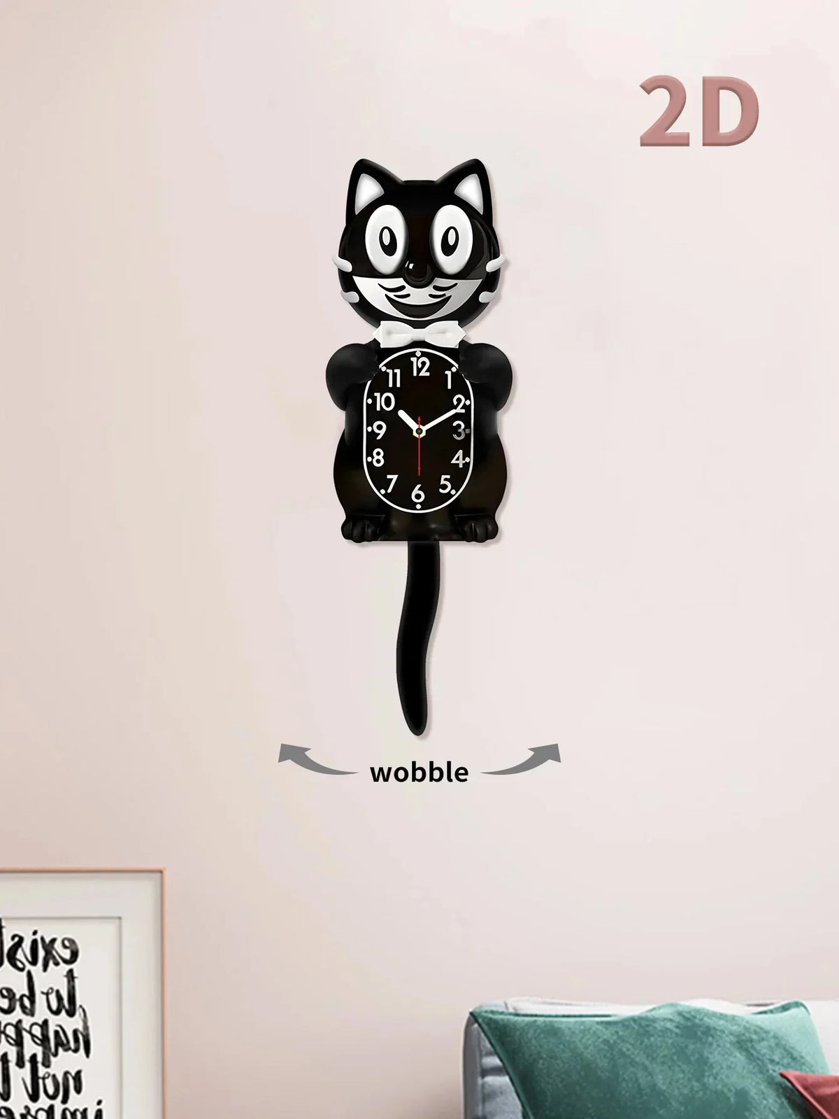 A black cartoon cat wall clock featuring a face and a swinging tail, displayed against a light pink wall.