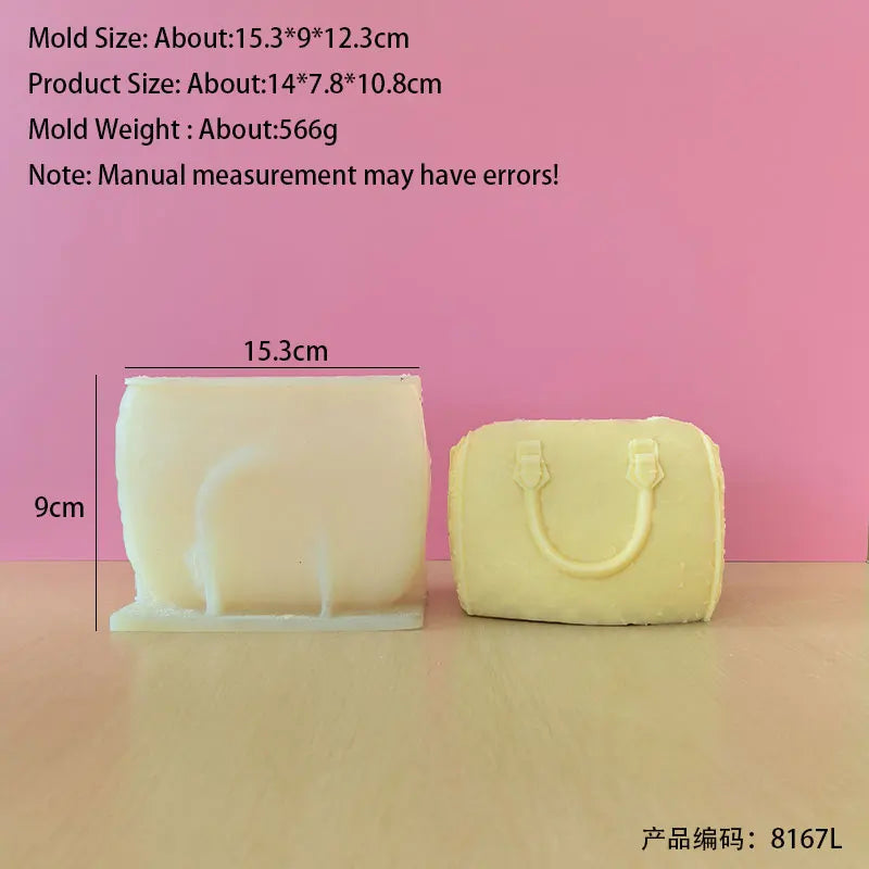 A rectangular silicone mold shaped like a handbag is shown next to its dimensions.