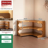 A wooden three-layer shelf with a curved design and bamboo material used for storage.