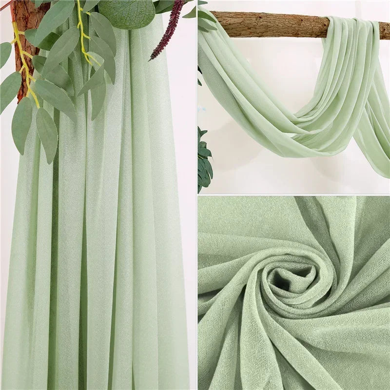 Light sage green sheer chiffon curtains draped and folded for events