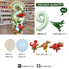Ein Set grüner und roter Dinosaurierballons, einschließlich eines großen Zahlenballons, kleiner Dinosaurierfiguren und Ballon