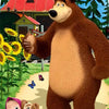 A cartoon bear stands next to a girl and a dog in a sunny outdoor setting.