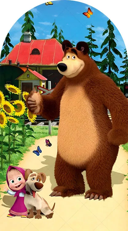 A cartoon bear stands next to a girl and a dog in a sunny outdoor setting.