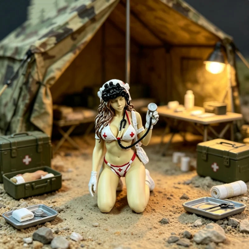 A female rifleman desktop figurine wearing tactical gear is displayed in a desert-like setting.