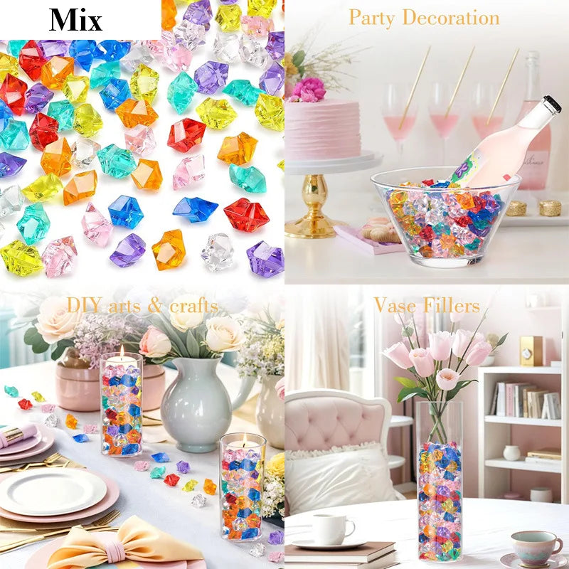 A collection of colorful crushed diamond acrylic pebbles used for party decoration and DIY crafts.
