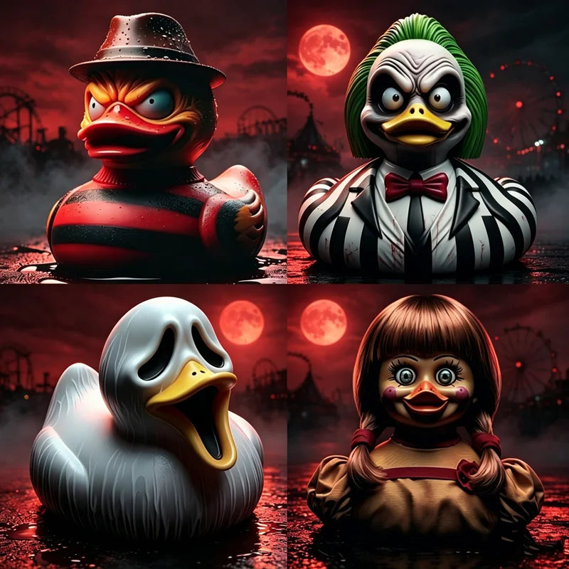A set of three horror movie duck resin figurines featuring different expressions and styles against a dark, moody background.