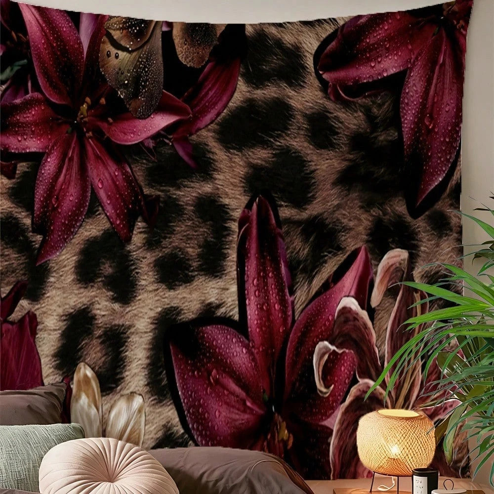 A tapestry wall hanging featuring a leopard print background with deep purple and maroon floral patterns.