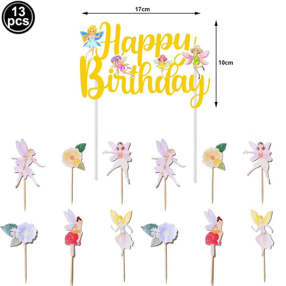 A set of 13 fairy birthday toppers featuring various colors and designs for parties.
