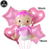 Five pink foil balloons shaped like a baby bottle and heart for baby shower decoration