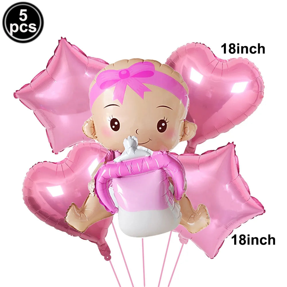 Five pink foil balloons shaped like a baby bottle and heart for baby shower decoration