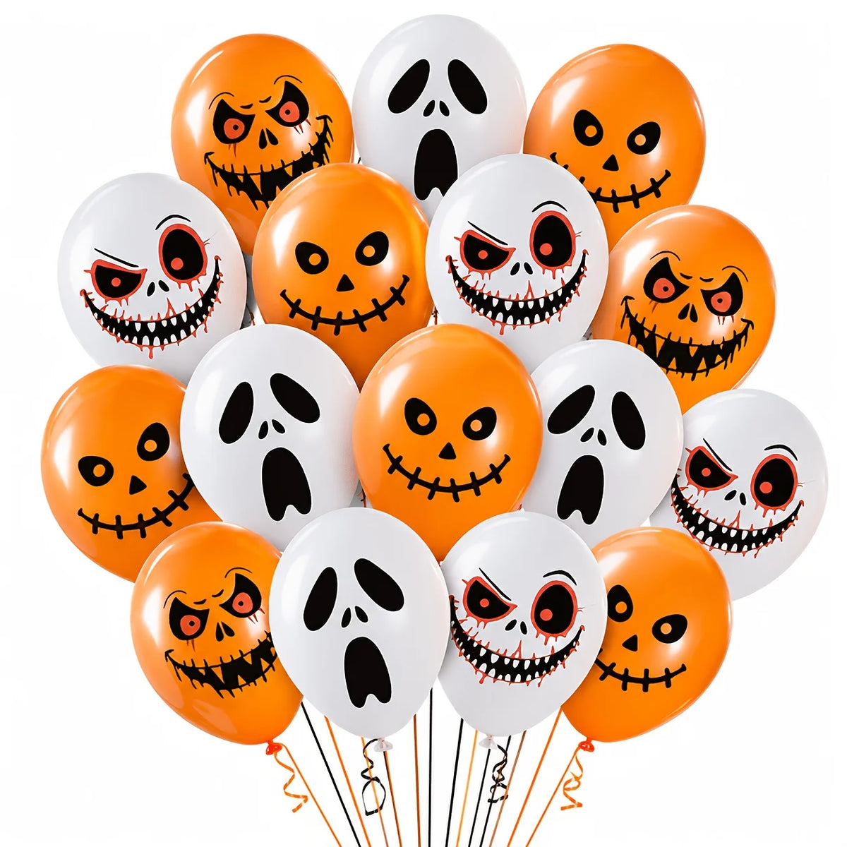 A collection of orange and white latex balloons featuring various spooky, Halloween-themed prints like skulls and grinning fa