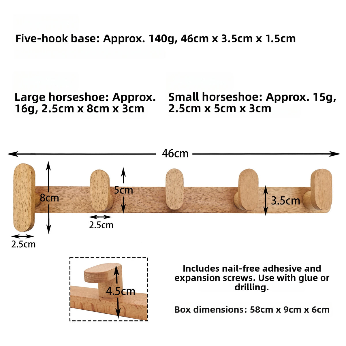 Wooden coat rack wall mount featuring five hooks and various sized horseshoes for entryway display