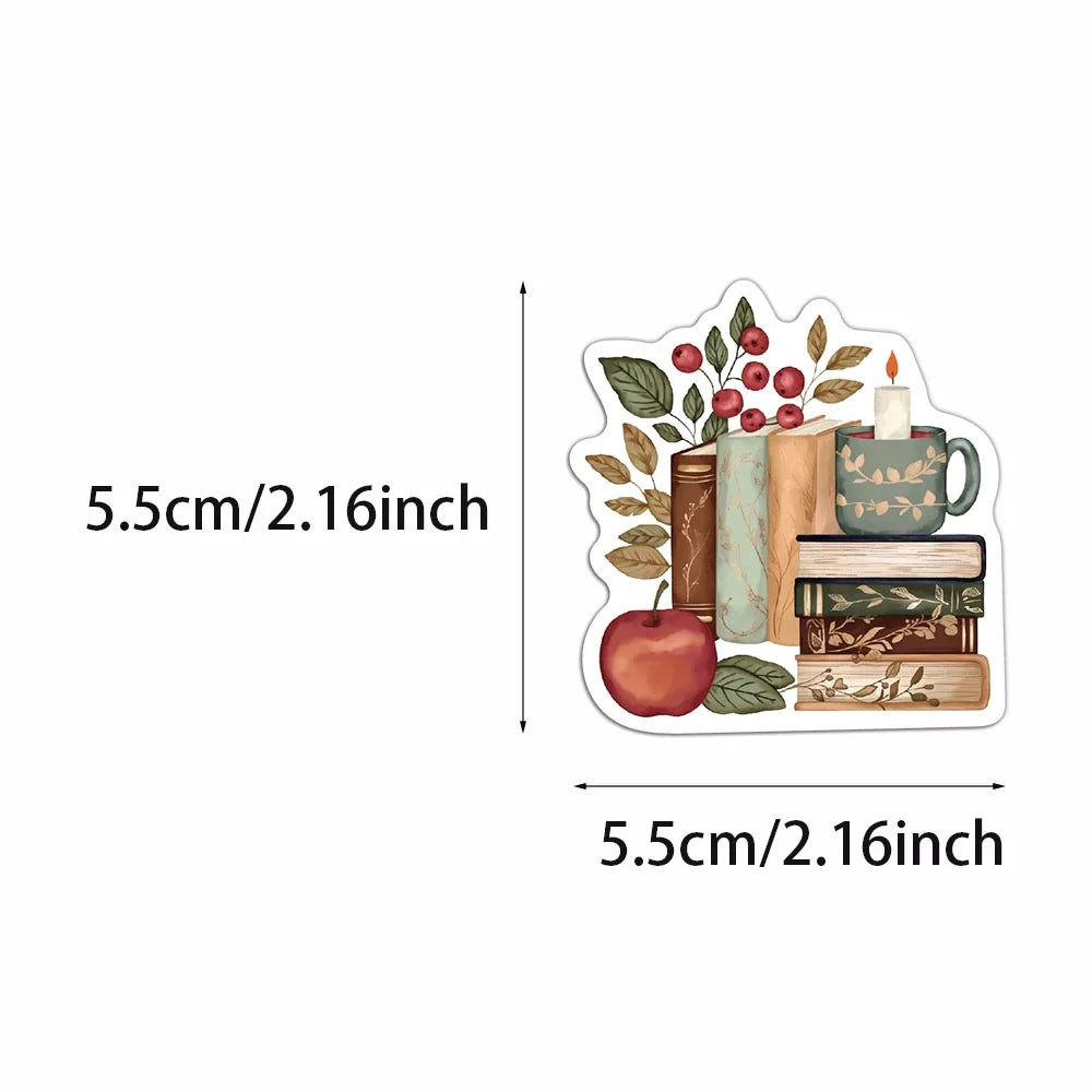 A sticker pack featuring cute ghost and book designs with autumn foliage and a candle.