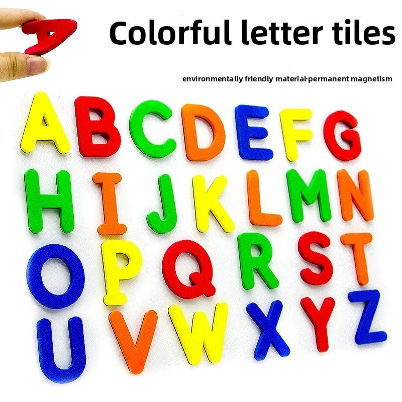 Colorful letter tiles in various colors spelling the alphabet and numbers for educational learning