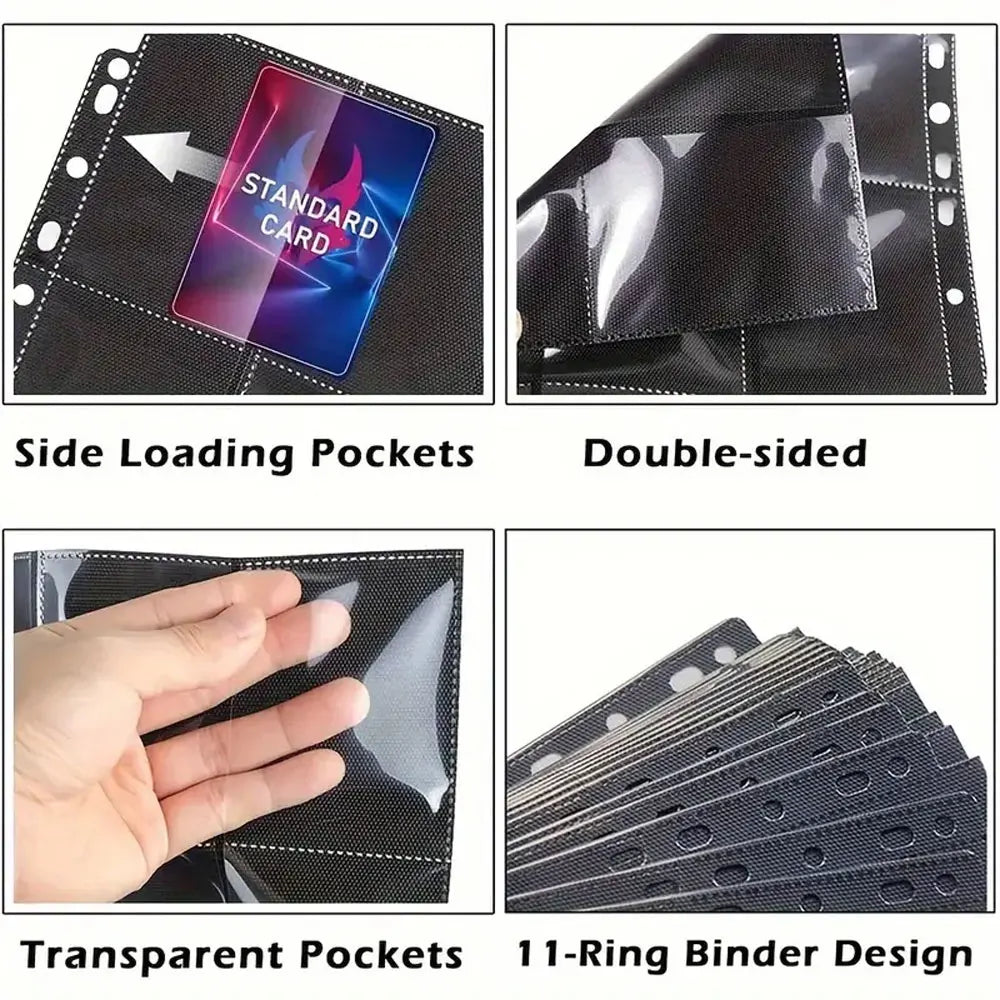 Acid-free trading card refill pages for 3-ring binders showing side loading pockets, double-sided pages, transparent pockets,