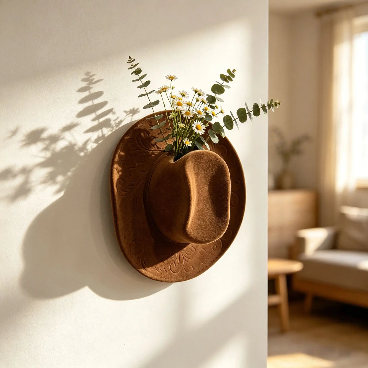 A brown felt cowboy hat with a floral arrangement is mounted on a white wall, casting a shadow.
