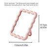 A pink wavy frame makeup mirror with a stand, showing its dimensions.