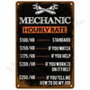 A vintage metal sign listing various hourly rates for a mechanic service, featuring tools and text on a dark background.