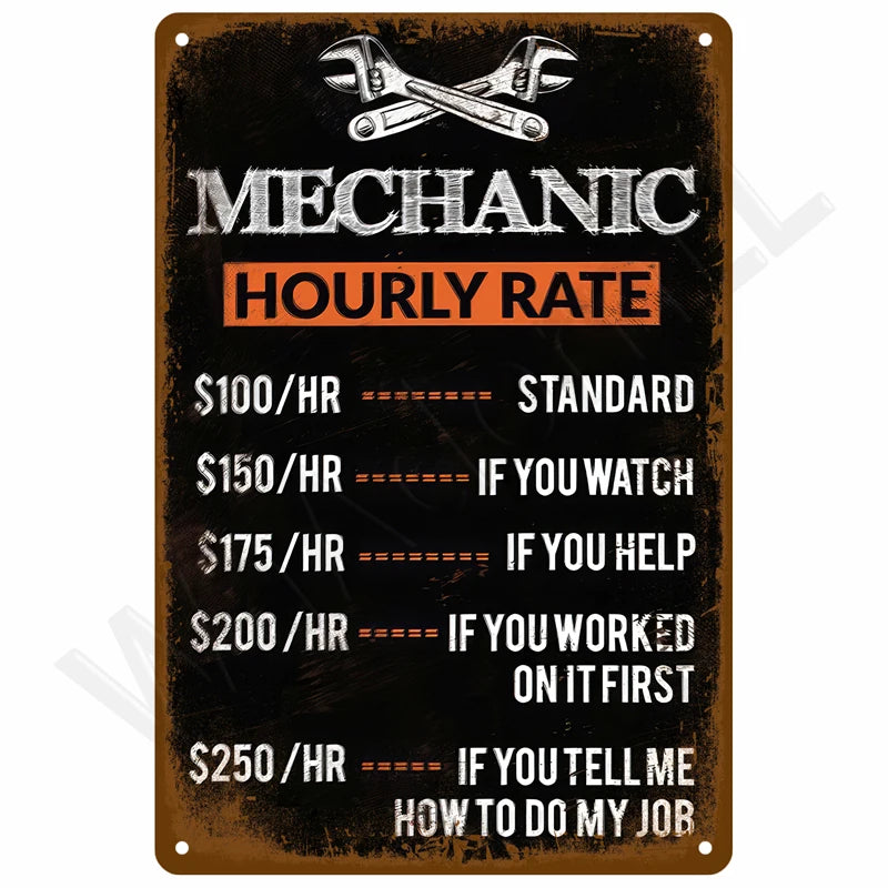 A vintage metal sign listing various hourly rates for a mechanic service, featuring tools and text on a dark background.