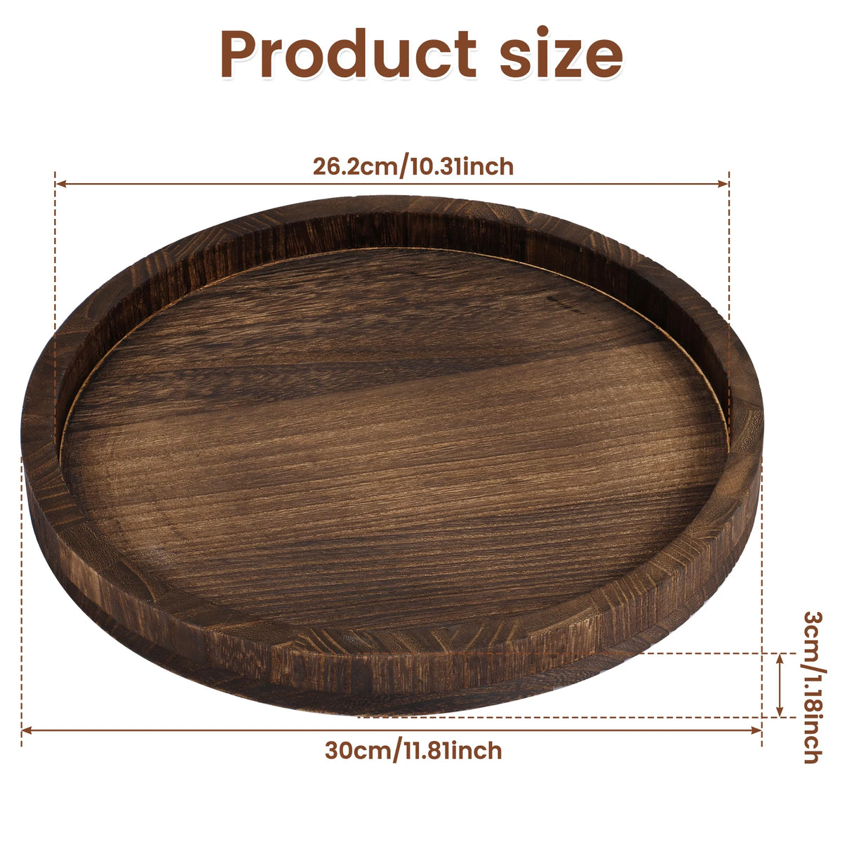A round, dark brown wooden serving tray with a natural wood grain finish.