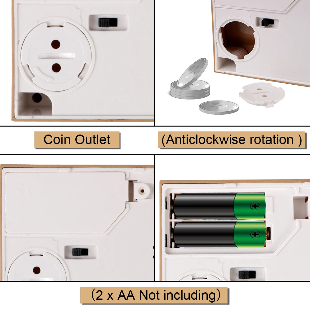 Diagrams showing the coin outlet and anticlockwise rotation mechanism of an interactive panda coin-saving money box