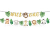 A banner decoration featuring jungle safari animals and the words wild one