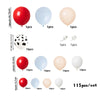 A set of various colored balloons including red, blue, and peach shades with a black and white patterned balloon.