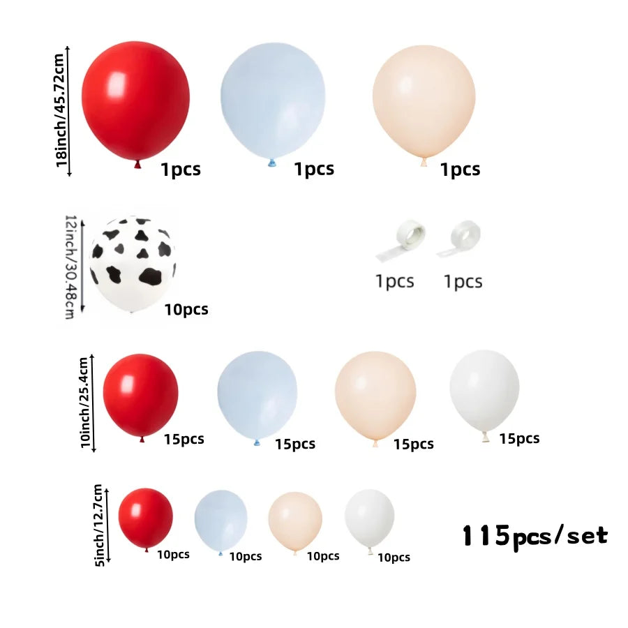 A set of various colored balloons including red, blue, and peach shades with a black and white patterned balloon.