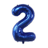 A large, dark blue foil number balloon shaped like the number 2.