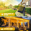 Solar powered outdoor fairy string lights illuminating a house exterior at night