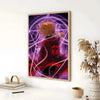 Anime poster featuring a character in a red cloak surrounded by glowing geometric patterns on a dark background