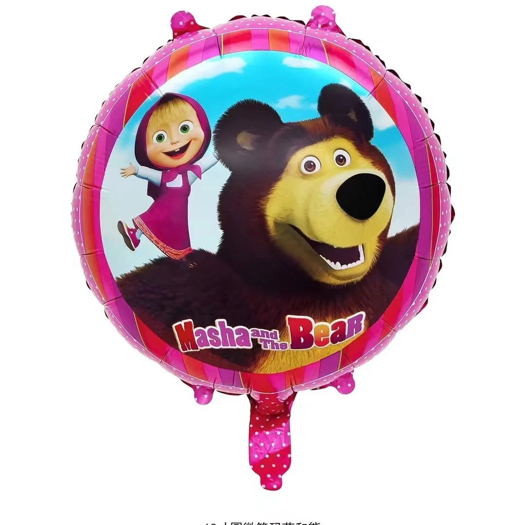 A pink balloon featuring characters Masha and Bear