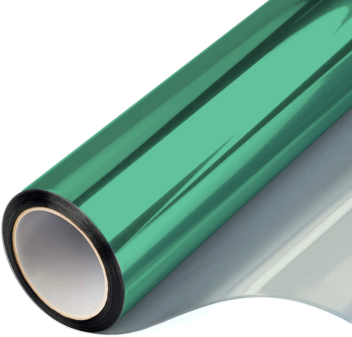 Roll of teal privacy window film showing a cross-section view.