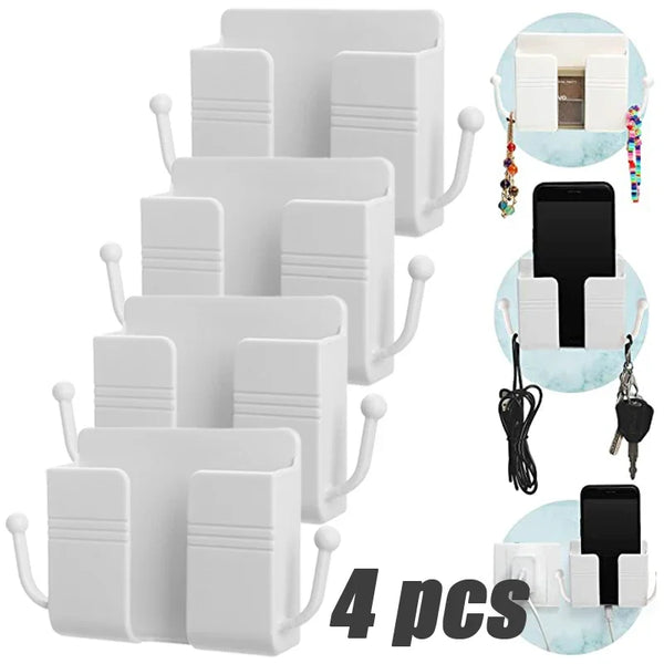 Four white wall-mounted organizers featuring phone holders and a charging dock.