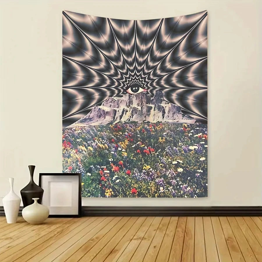 Wall tapestry featuring a psychedelic eye design radiating from a mountain peak over a field of colorful flowers.