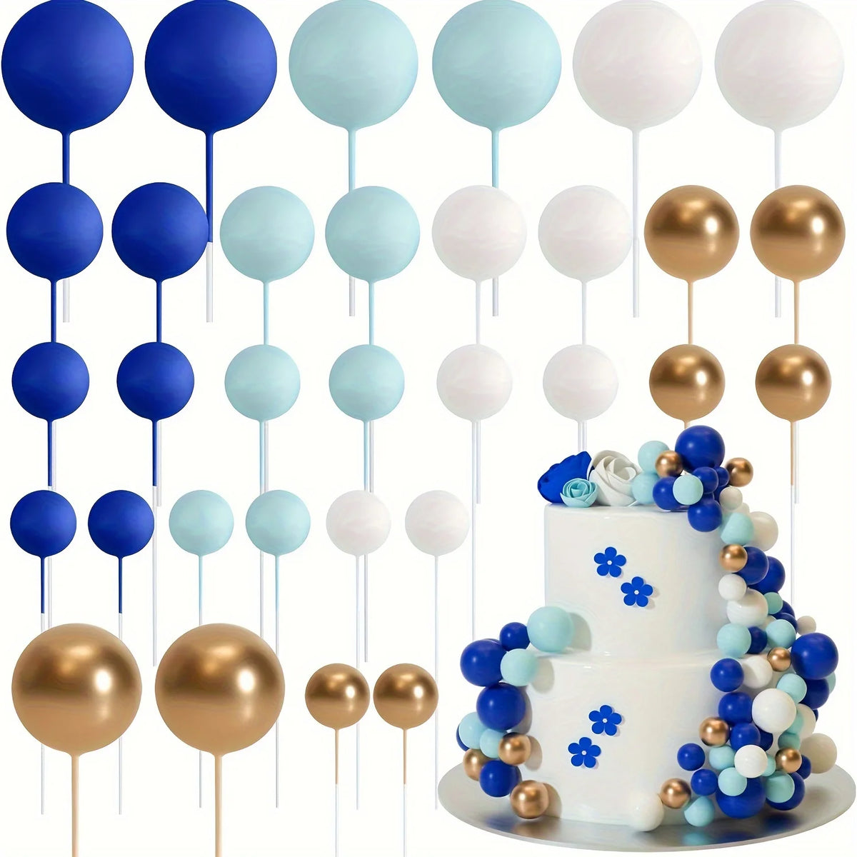 A set of 20 mini foam ball cake toppers in various shades of blue, white, and gold on sticks.