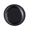 A black disposable plate with ruffled edges.