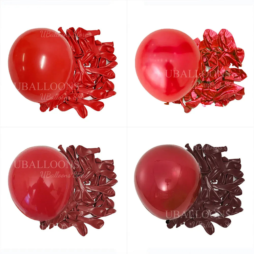 A collection of deep burgundy latex balloons, some shiny red and others dark maroon, displayed for parties and events.