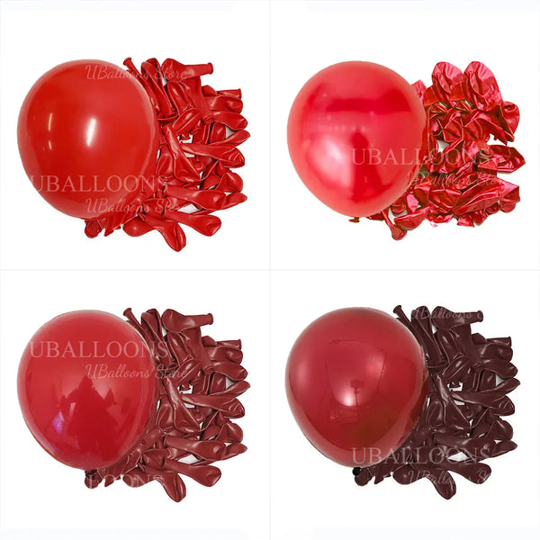 A collection of deep burgundy latex balloons, some shiny red and others dark maroon, displayed for parties and events.
