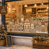 Window clings depicting a detailed cityscape of gingerbread houses for Christmas decoration
