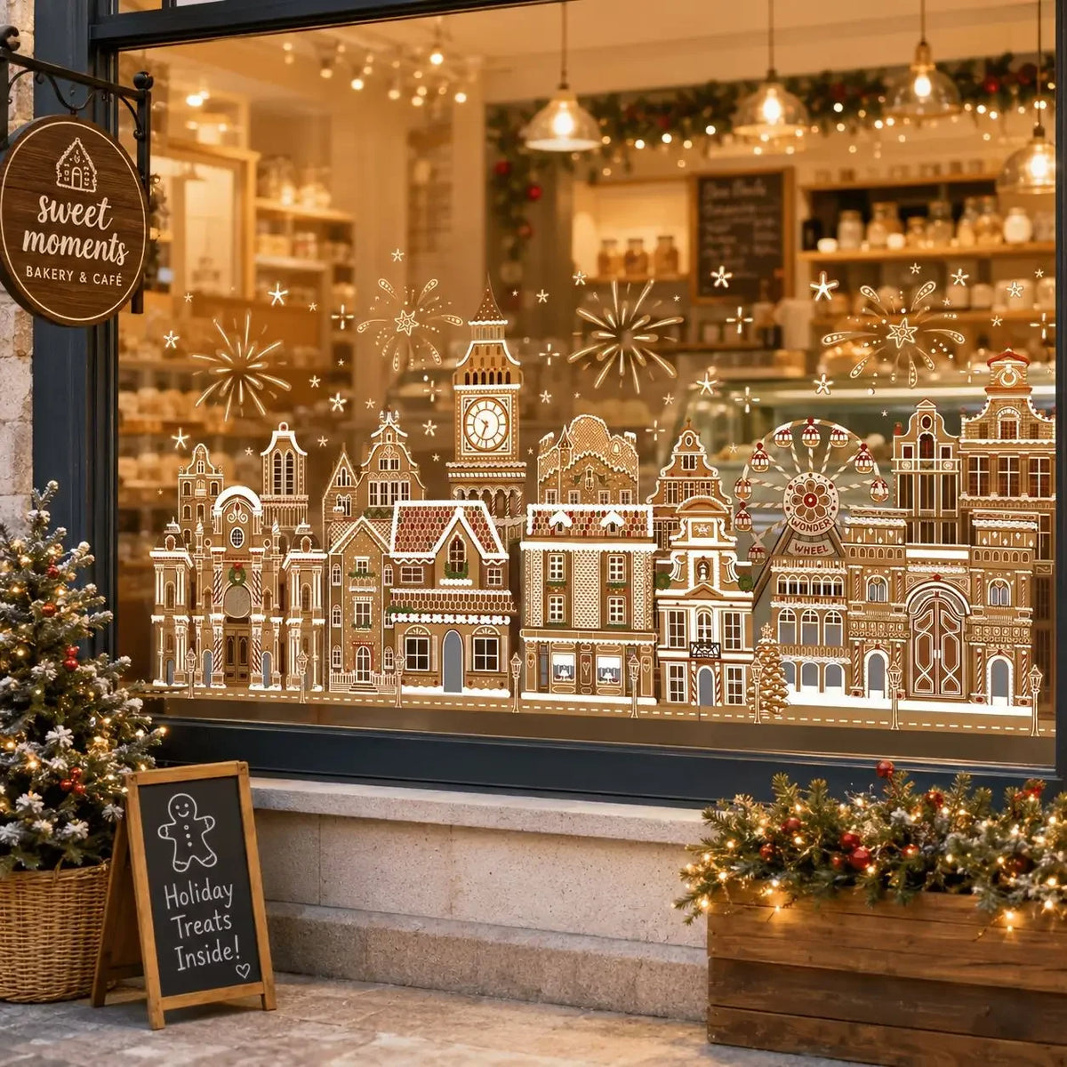 Window clings depicting a detailed cityscape of gingerbread houses for Christmas decoration